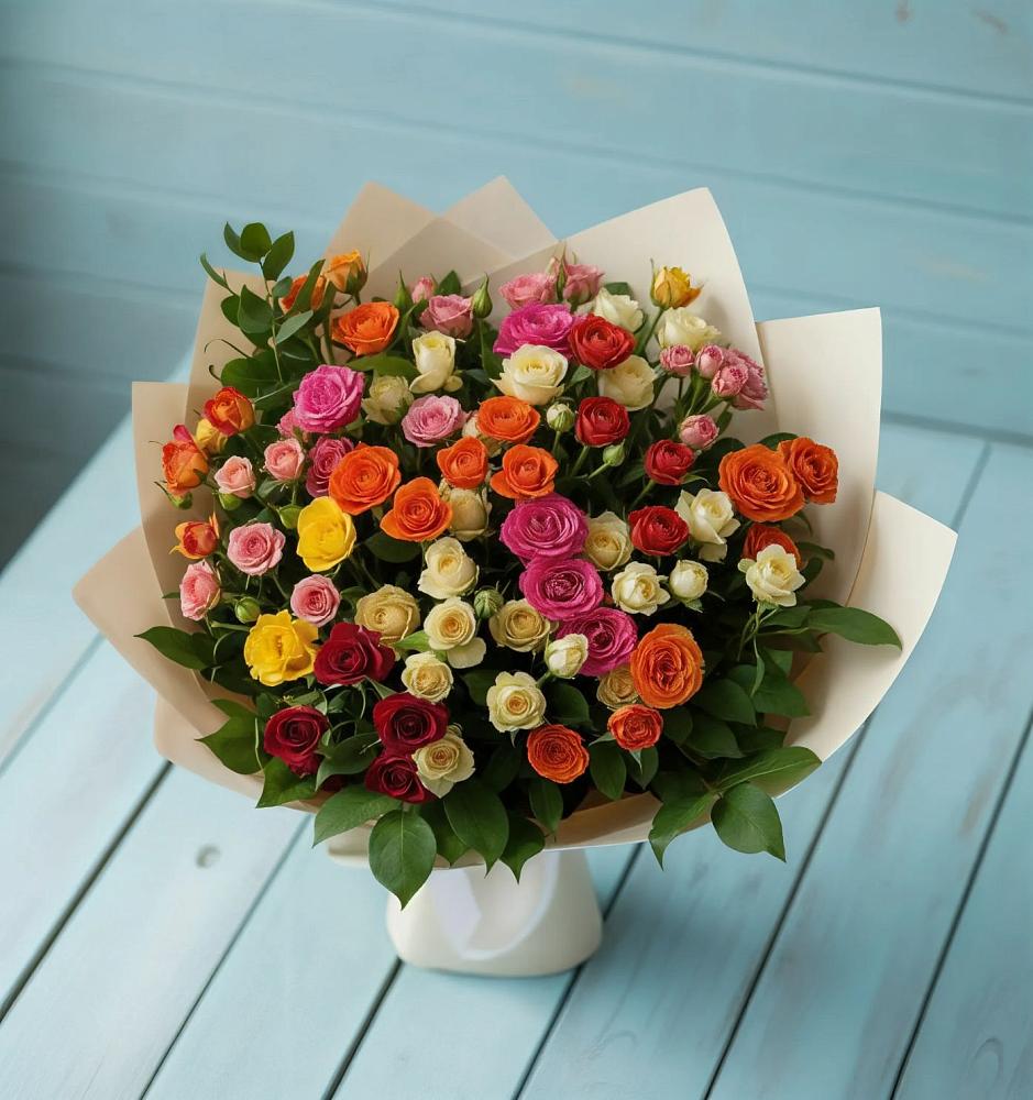 Букет Микс из разноцветных кустовых роз в Неболчах